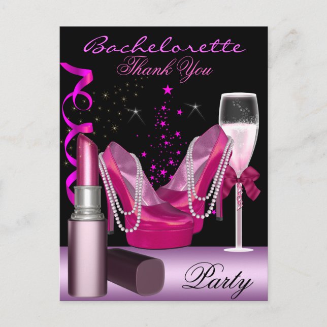 Bachelorette Party Lipstick Pink Shoes Champagne Invitation Postcard (Front)