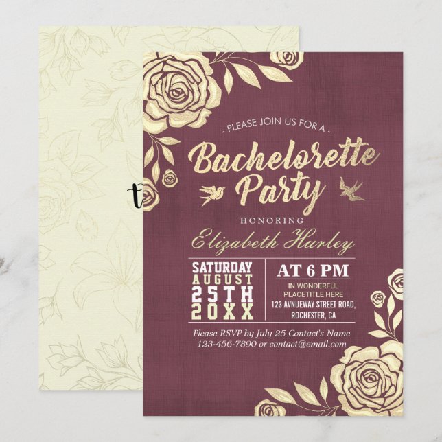 Bachelorette Party Modern Golden Rose Burgundy Red Invitation (Front/Back)