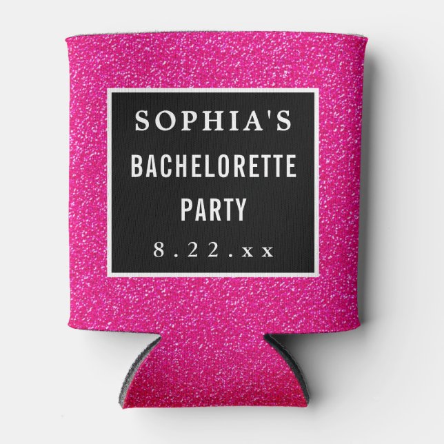 Bachelorette Party Modern Pink Glitter Wedding Can Cooler (Front)