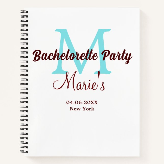 bachelorette party monogram add name date place si notebook (Front)