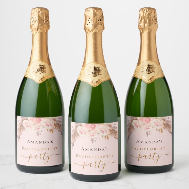 Bachelorette party pampas grass blush rose floral sparkling wine label (Bottles)