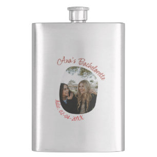 bachelorette party photo name date simple circular hip flask