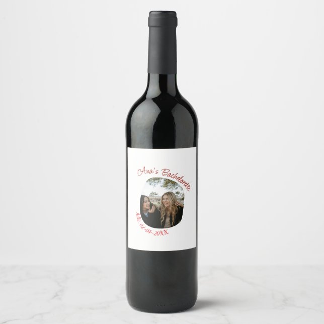 bachelorette party photo name date simple circular wine label (Front)