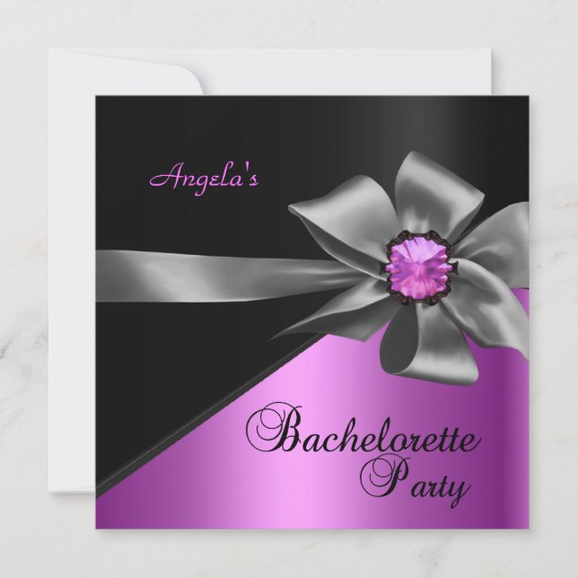 Bachelorette  Party Pink Black Bow Jewel Invitation (Front)