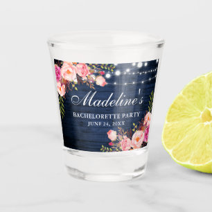 Bachelorette Party Pink Floral Blue Wood Lights Shot Glass