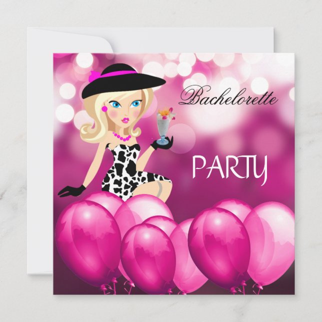 Bachelorette Party Pink Girl Balloons Cocktail 3 Invitation (Front)