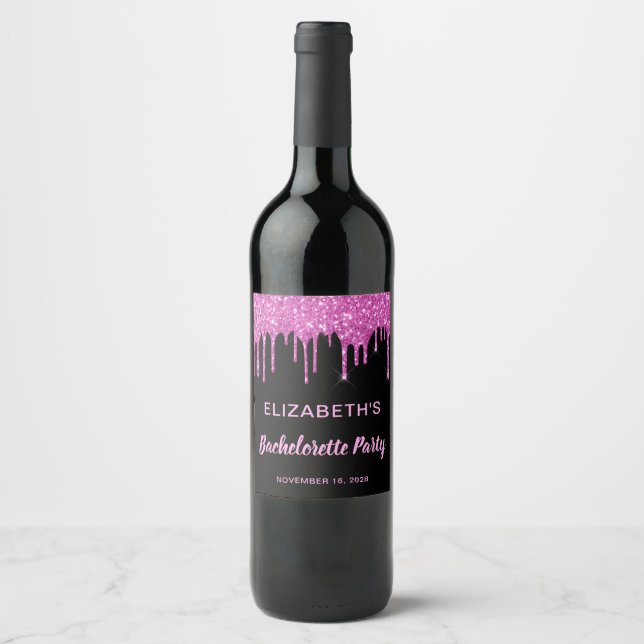 Bachelorette Party Pink Glitter Black Wine Label (Front)