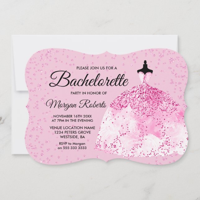 Bachelorette Party Pink Glitter Dress Invitation (Front)