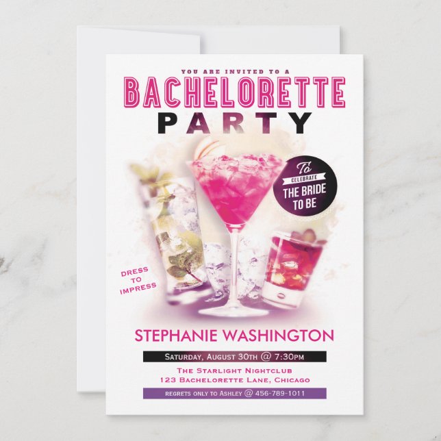 Bachelorette Party Pink Martini and Cocktails Invitation (Front)