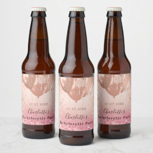 Bachelorette party pink rose gold balloons beer bottle label