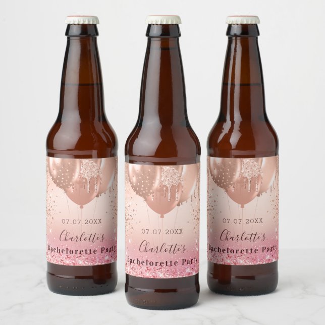 Bachelorette party pink rose gold balloons beer bottle label (Bottles)