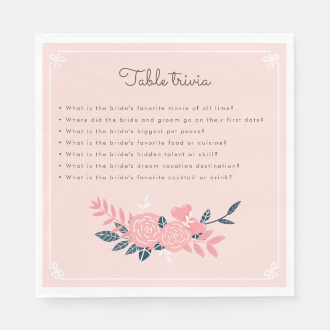 Bachelorette party pink table trivia napkin (Front)