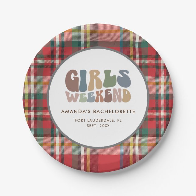 Bachelorette Party Plaid Girls Weekend Retro Paper Plate (Front)