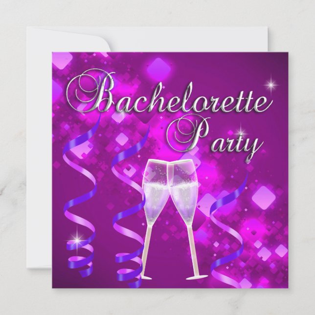 Bachelorette Party Purple Champagne Glass Black Invitation (Front)