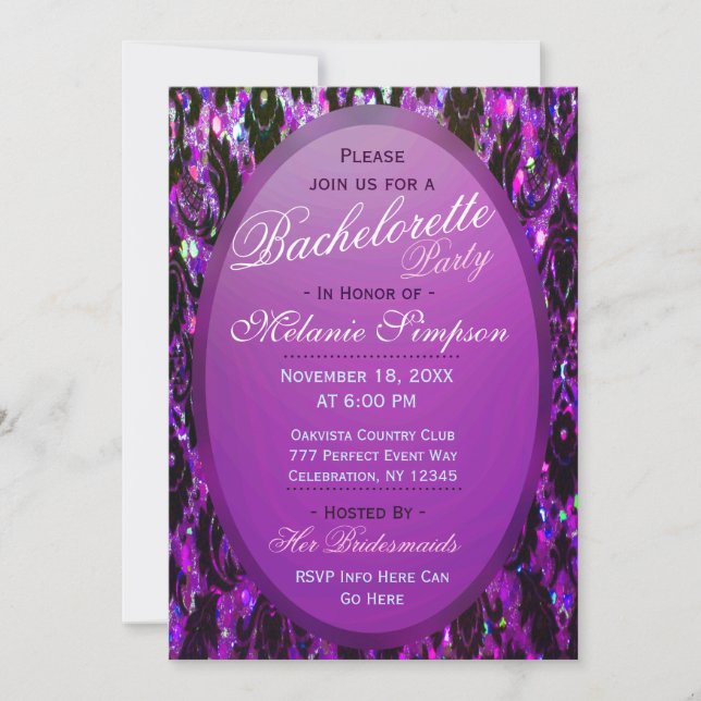 Bachelorette Party | Purple Damask Glitter Invitation (Front)