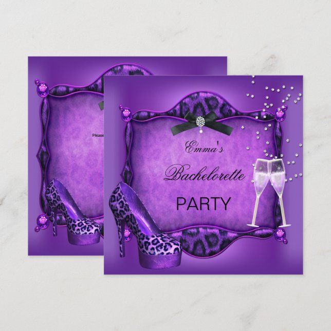 Bachelorette Party Purple Leopard Black Shoes 2 Invitation (Front/Back)