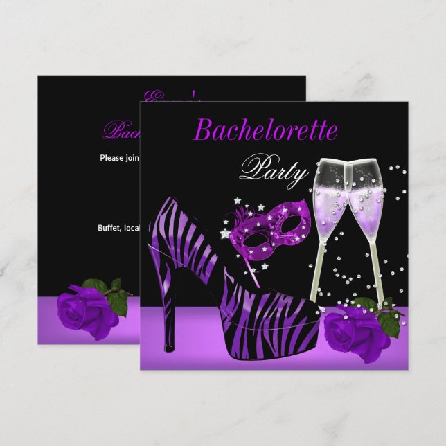 Bachelorette Party Purple Mask Shoes Champagne 2 Invitation (Front/Back)