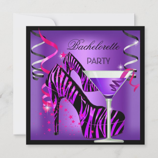 Bachelorette Party Purple Pink Zebra Cocktail Invitation (Front)