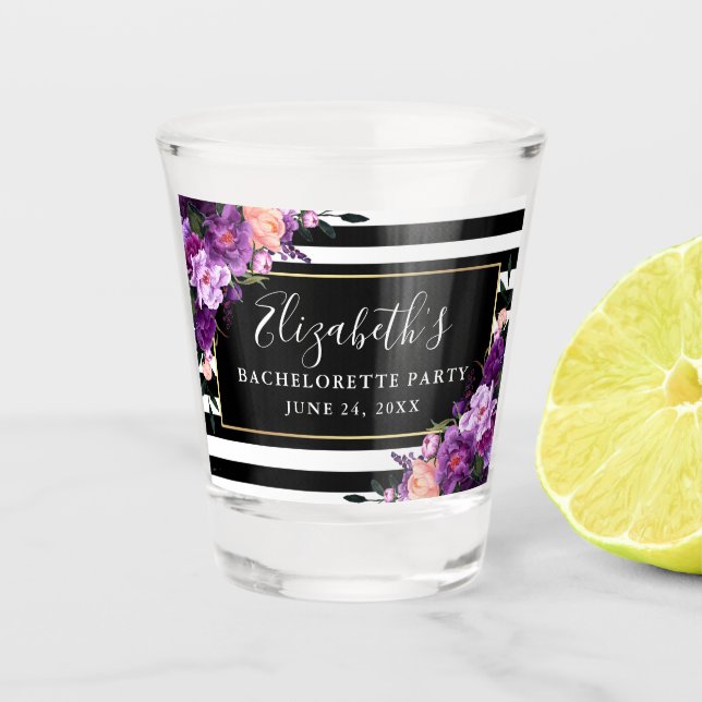 Bachelorette Party Purple Violet Floral Striped Shot Glass (Front)