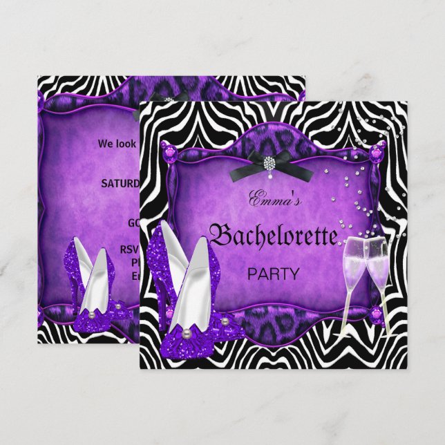 Bachelorette Party Purple Zebra Black Shoes Invitation (Front/Back)