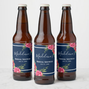 Bachelorette Party Red and Pink Flowers Dark Navy Beer Bottle Label