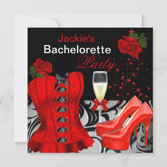 Bachelorette Party Red Black Corset Roses Invitation (Front)