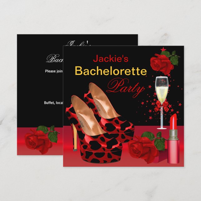 Bachelorette Party Red Black Shoes Lipstick Invitation (Front/Back)