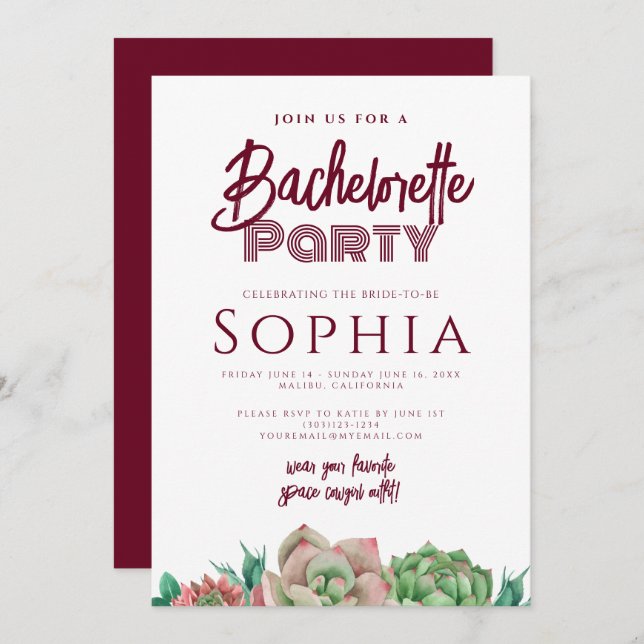 Bachelorette Party Red Burgundy CACTUS Modern Invitation (Front/Back)