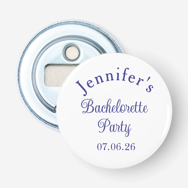 Bachelorette Party Retro Modern Blue Classy Script Bottle Opener (Front)