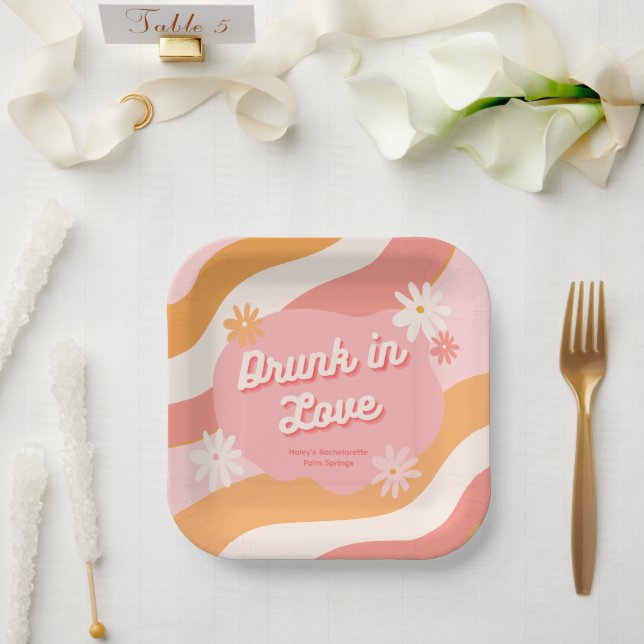 Bachelorette Party Retro Pink Drunk in Love  Paper Plate (Wedding)