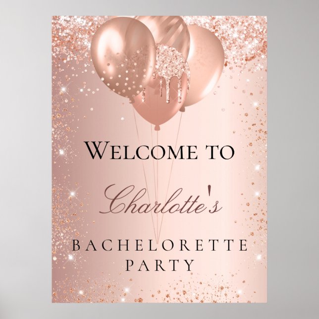 Bachelorette party rose gold balloons welcome poster (Front)