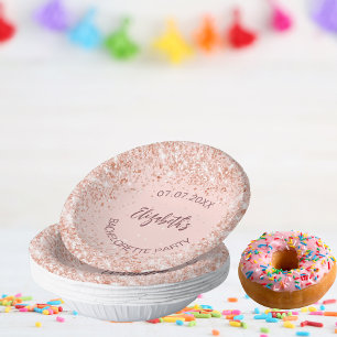 Bachelorette party rose gold confetti name paper plate