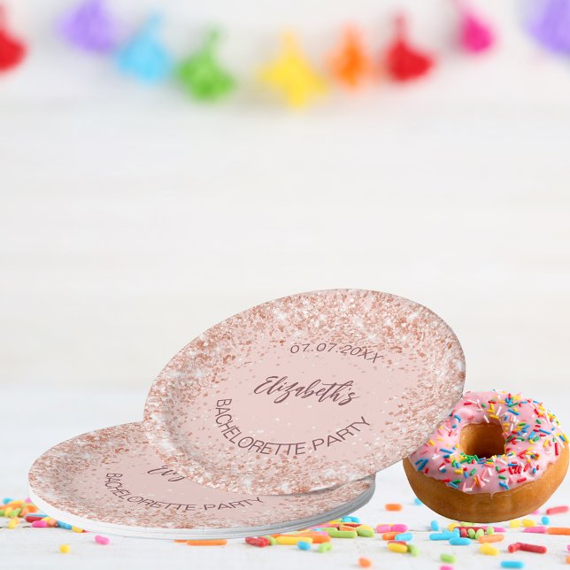 Bachelorette party rose gold confetti name paper plate (Creator Uploaded)