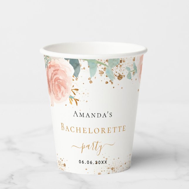 Bachelorette party rose gold floral eucalyptus  paper cups (Front)