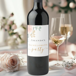 Bachelorette party rose gold floral eucalyptus wine label