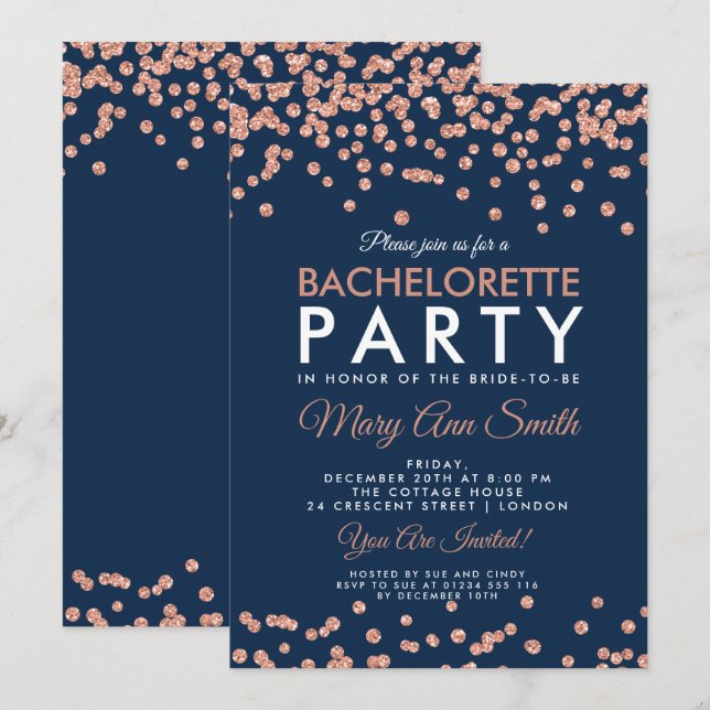 Bachelorette Party Rose Gold Glitter Confetti Navy Invitation (Front/Back)