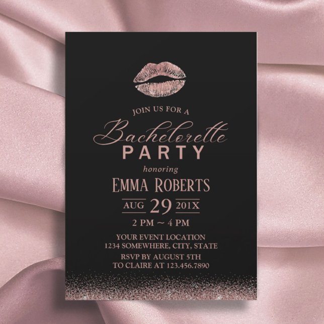 Bachelorette Party Rose Gold Lips Modern Glitter Invitation (Creator Uploaded)