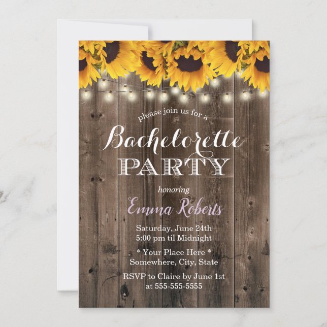 Bachelorette Party Rustic Sunflowers String Lights Invitation (Front)