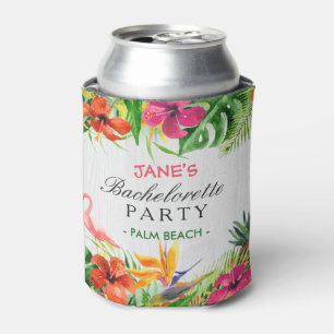 Bachelorette Party Rustic Tropical Floral Flamingo Can Cooler