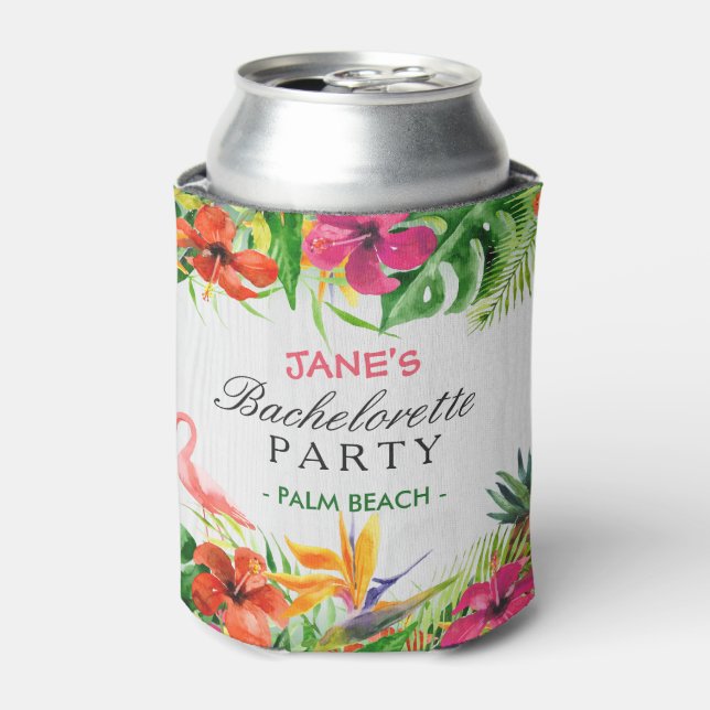 Bachelorette Party Rustic Tropical Floral Flamingo Can Cooler (Can Front)