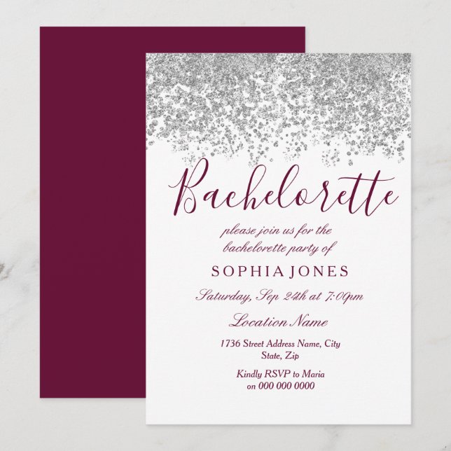 Bachelorette Party Silver Glitter Burgundy Invitation (Front/Back)