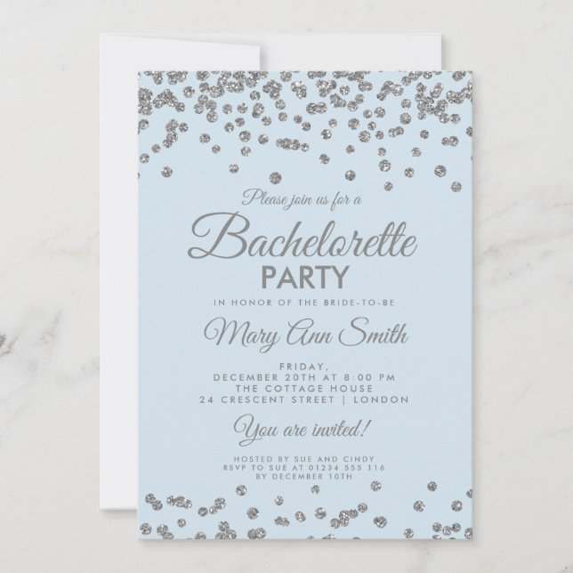 Bachelorette Party Silver Glitter Confetti Ice Blu Invitation (Front)