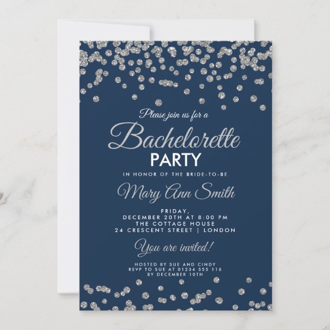 Bachelorette Party Silver Glitter Confetti Navy Invitation (Front)