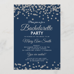 Bachelorette Party Silver Glitter Confetti Navy Invitation