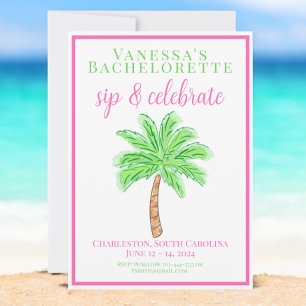 Bachelorette Party Sip Celebrate Palm Tree Preppy Invitation