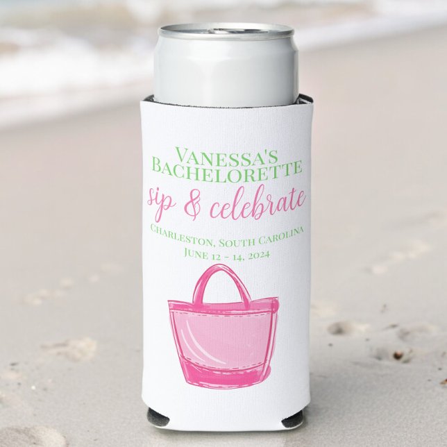 Bachelorette Party Sip & Celebrate Pink Tote Favou Seltzer Can Cooler (Creator Uploaded)