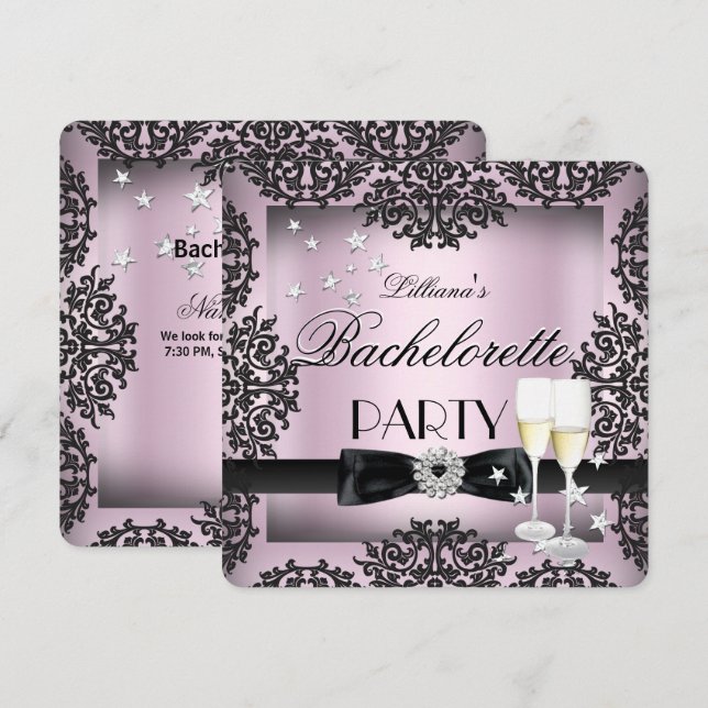 Bachelorette Party Sliver Pink Black Champagne Invitation (Front/Back)