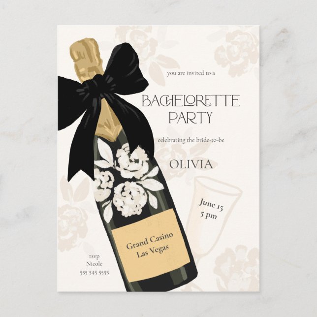 Bachelorette party Sparkling Wine Bottle Black Bow Postcard (Front)