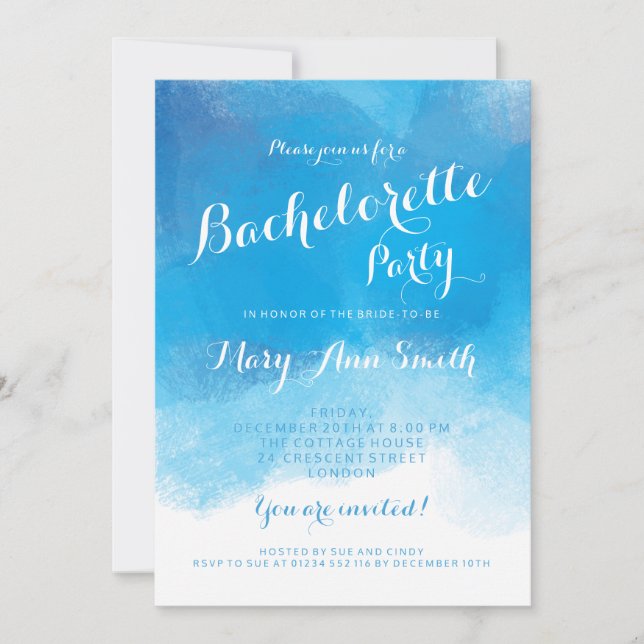 Bachelorette Party Summer Blue Watercolor Invitation (Front)