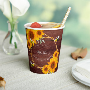 Bachelorette party sunflowers rustic wood brown paper cups